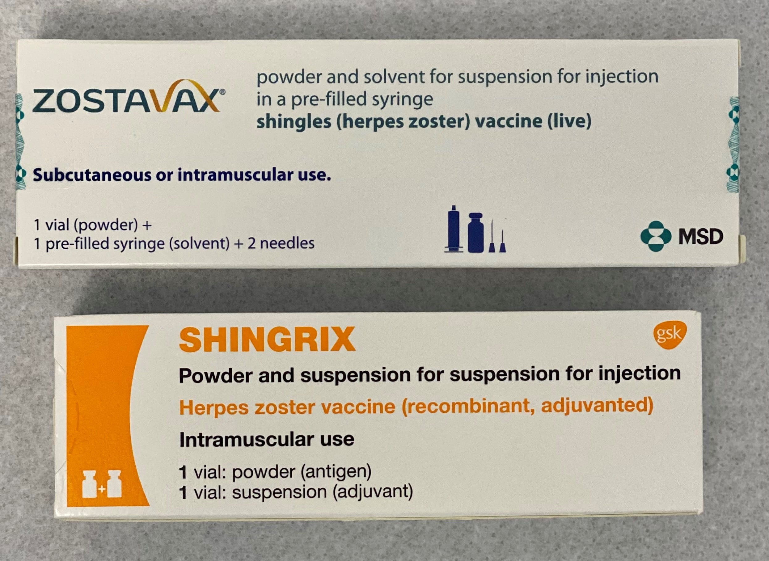 Shingles vaccine packaging, Shingrix and Zostavax