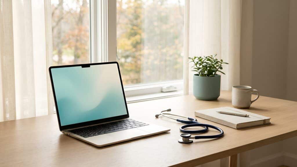 Laptop, stethoscope and notebook on a desk by a window for an online visit