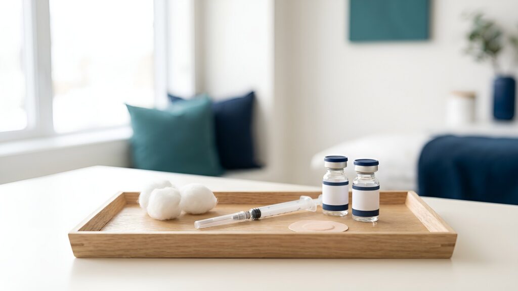 Two vaccine vials and a capped syringe on an oak tray in a clinic