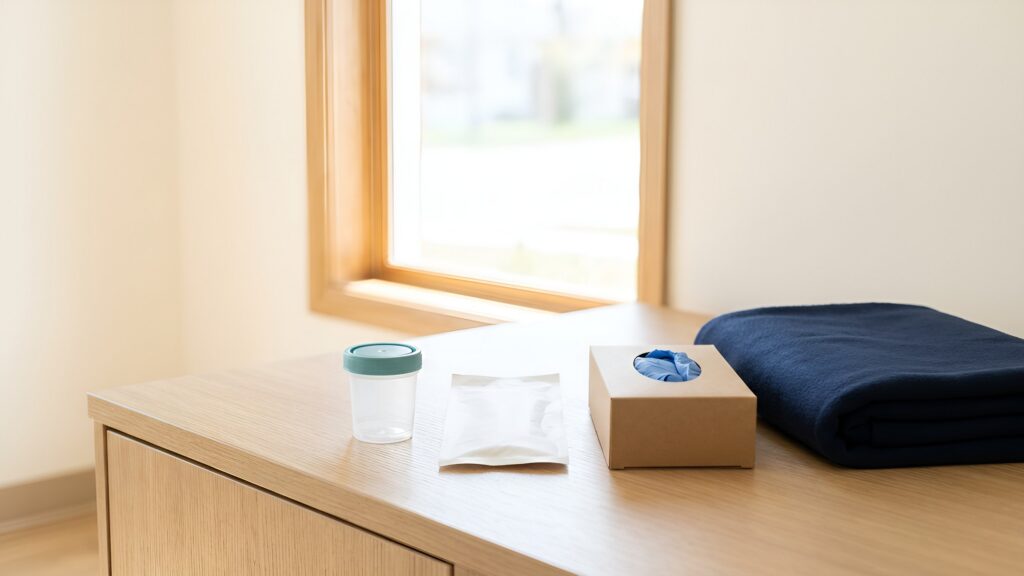Sterile specimen cup and swab kit on a discreet exam room counter
